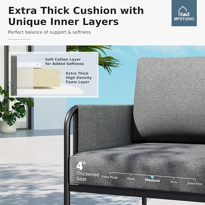 MFSTUDIO Metal Patio Furniture Sets, Outdoor Conversation Sets with Olefin-Filled Textilene Fabric Backrest, 5 Seats Deep Seating Modern Patio Sofa Sets with Textured Coffee Table for Garden(Grey)