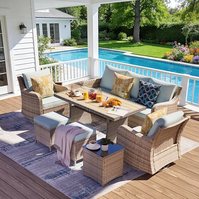 MEISSALIVVE 7 Pieces Patio Furniture Set with Swivel Chairs, Wicker Patio Conversation Set, Outdoor Patio Set with 2 Swivel Rocking Chair & Sofa, 2 Ottomans and Dining Table (Blue)