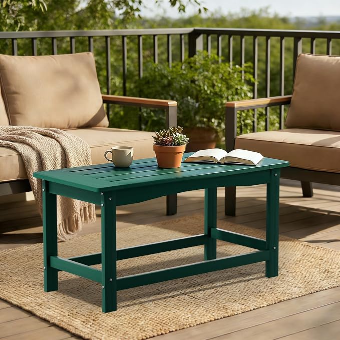 Green Outdoor Coffee Table for Patio 35.4 x 17.5 x 16.1 Poly Lumber | 250 lb All-Weather HIPS Rectangle Patio Table, Stainless Steel Hardware, 1-Year Warranty for Deck Garden Porch Backyard