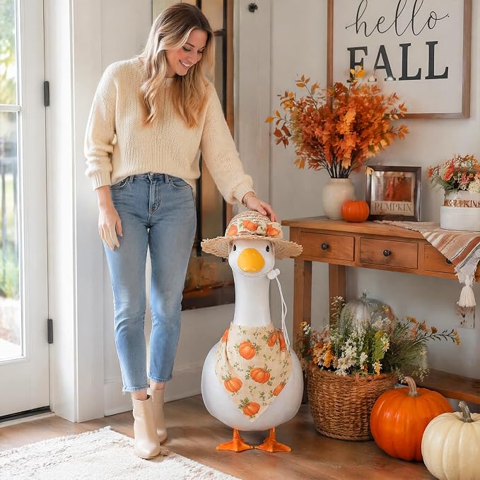 2Pcs Fall Outfit for Porch Goose - Autumn Plaid Pumpkin Bowknot Straw Hat with Bib Accessories for 23'' Cement Statue, Garden Lawn Thanksgiving Halloween Outdoor Decoration