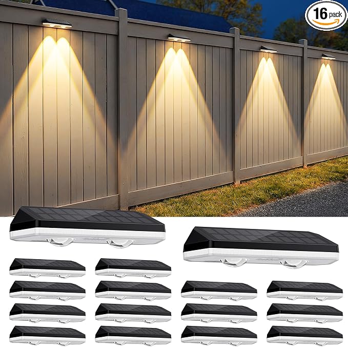 16 Pack Solar Fence Lights Outdoor ,Warm White + RGB 13 Color Mode Fence Lights Solar Powered with Ultra-Bright Lens IP65 Waterproof,Solar Wall Light for Backyard/Step/Patio/Deck/Stair/Railings/Fence