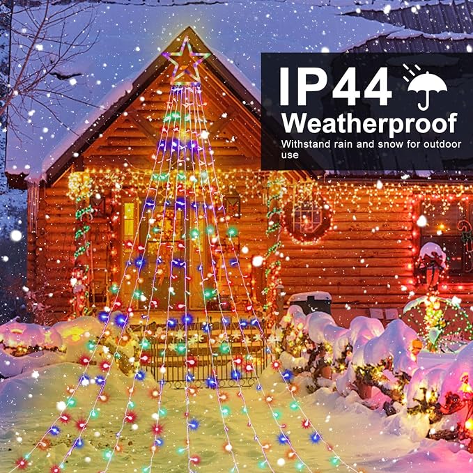 (New) Christmas Lights, Outdoor Christmas Decorations, 320 LED Waterfall String Lights, 8 Light Modes Chrsitmas Lights with 12" Star Tree Topper for Yard, Party, New Year (Multicolor)