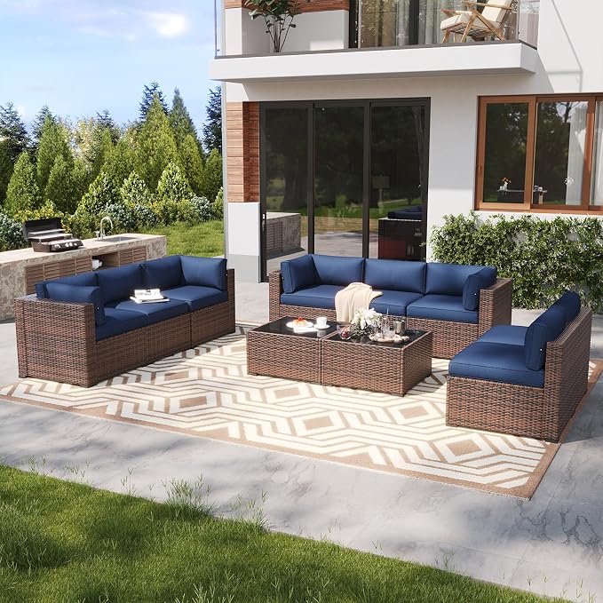 LazySunsets 10 Piece Outdoor Patio Furniture Set with Coffee Table, Outdoor Patio Furniture Sets with 4'' Thicken Cushion, Wicker Rattan Outdoor Conversation Set for Backyard, Blue