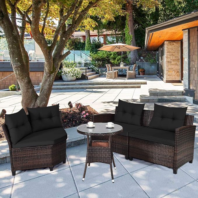 HAPPYGRILL 4 Pieces Rattan Patio Conversation Set, Outdoor Wicker Furniture Set with Cushioned Sofas and Coffee Table, L-Shape Sectional Curved Sofa Set for Garden Poolside Balcony