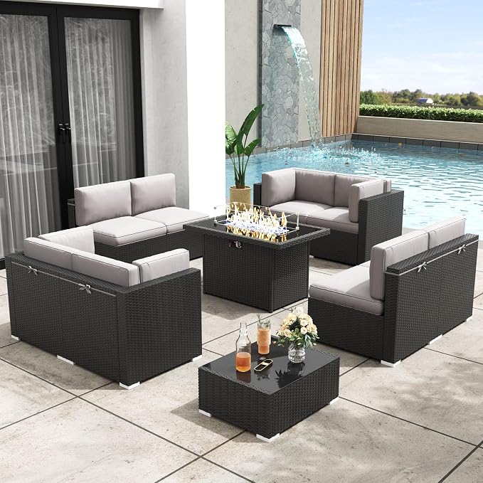 Patio Furniture Set with Fire Pit Table, 10 Pieces Outdoor All-Weather Wicker Conversation Sectional Chair Sofa Set