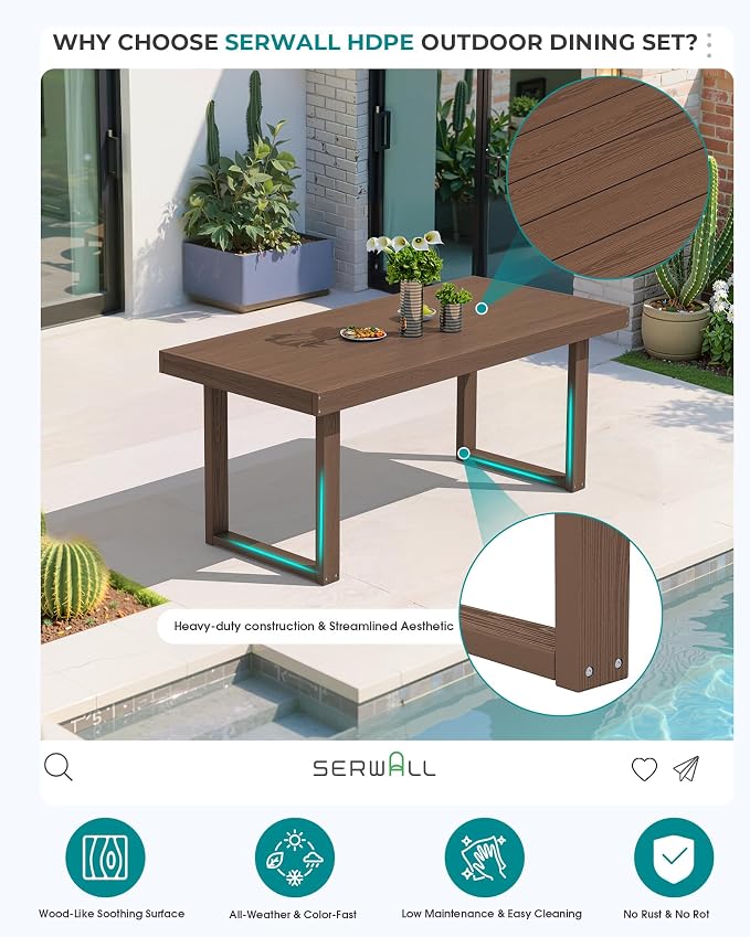 SERWALL HDPE Outdoor Dining Set for 6, 67'' Patio Table and Chairs Set | with Armchair Seat