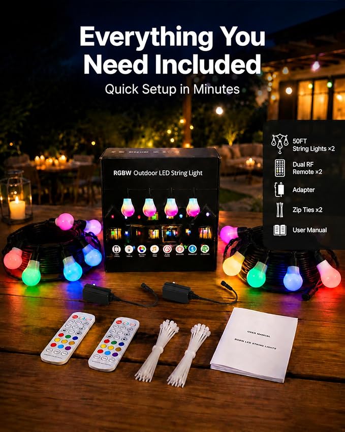 27FT RGBW Outdoor String Lights Shatterproof Dimmable Patio | IP65 Waterproof, 200+ Dynamic Modes, Music Sync, App & Remote Control, Zip Ties Included, -4°F to 158°F Weatherproof