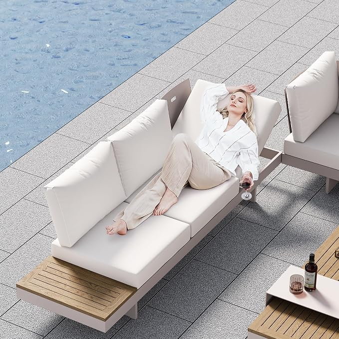homary Outdoor Conversation Sets Ideal for Patios, Light Gray | 4 Piece Aluminum & Teak Patio Sectional Sofa Set with Adjustable Backrests, Waterproof Cushions