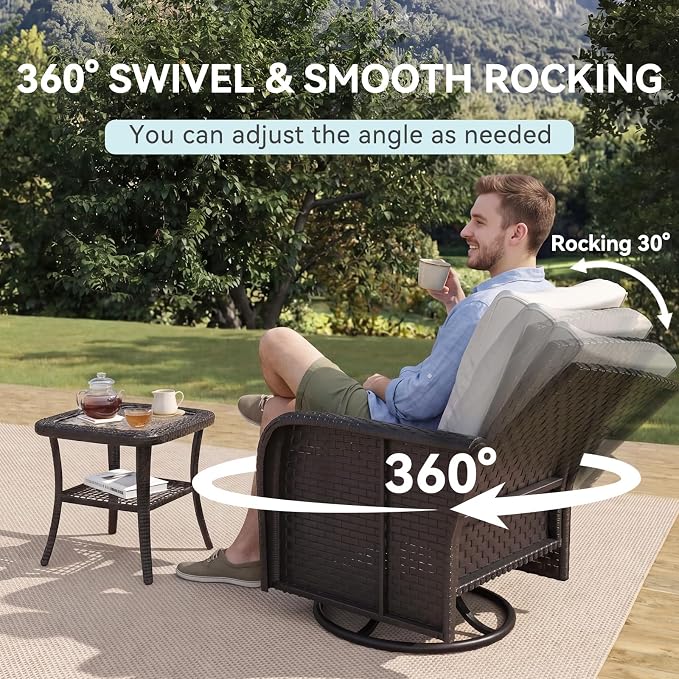 LazySunsets 3 Piece Outdoor Patio Furniture Set, Wicker Rattan Outdoor Furniture with High Back Swivel Rocker Chairs, Outdoor Sofa Set with Thick Cushions & Side Table, Beige