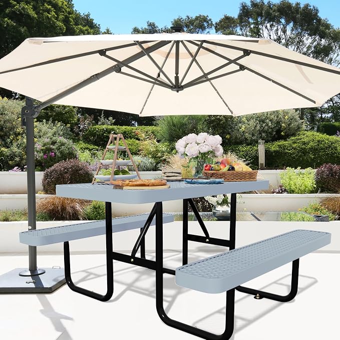Picnic Tables for Outdoors,Commercial Metal Picnic Table Bench Set with Umbrella Hole,School Canteen Tables W/Seats - Heavy Duty Sturdy Picnic Tables Furniture for Patio Garden (Grey, 4FT)