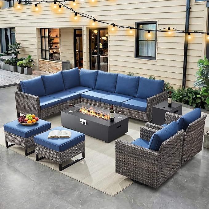 HUMMUH 9 Piece Patio Furniture Set,Outdoor Sectional Sofa Couch & Swivel Rocker Chairs,Propane Firepit with Hidden Fuel Tank,Outdoor Conversation Set for Porch,Garden,Backyard