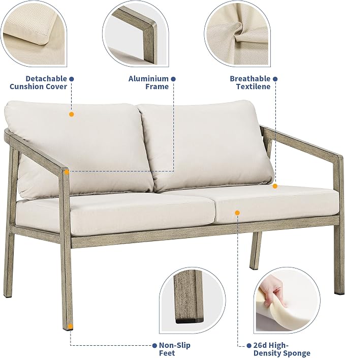 Outdoor Patio Loveseat Sofa, Aluminum 2-Seater Conversation Set with Washable Thick Cushions, Never-Rust Modern Garden Couch Bench for Porch, Poolside, Backyard (Grey+Beige)