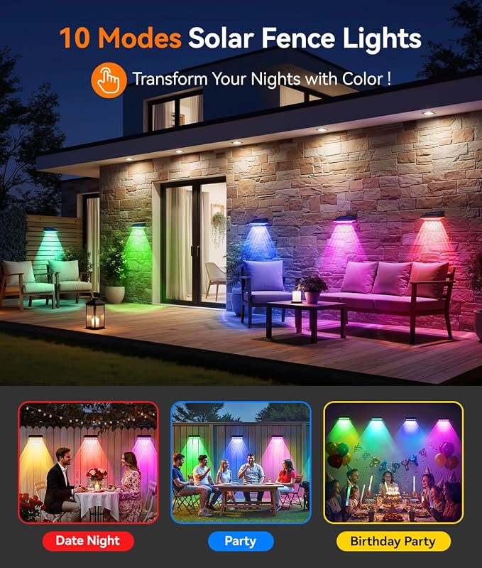 KOOPER Solar Fence Lights Outdoor Waterproof, 8 Pack Warm White & 9 Fixed Colors & Color Changing Fence Lights Solar Powered, Solar Lights Outdoor Fence for Outside Backyard Railing Patio Wall Deck