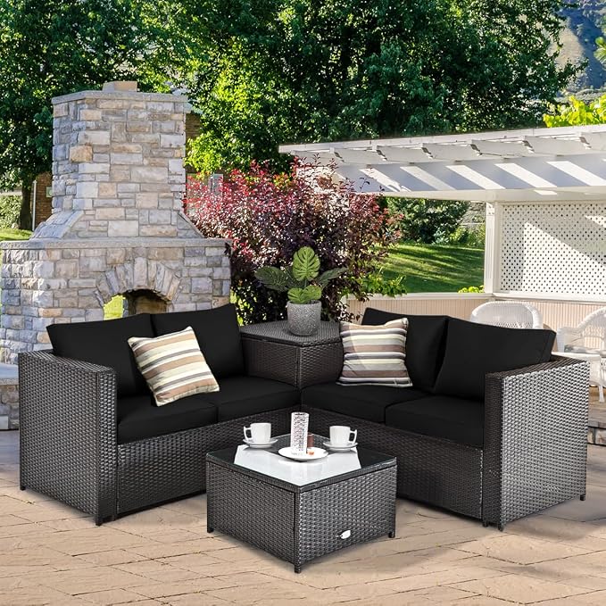 Tangkula 8 Piece Wicker Patio Set with Storage, All Weather-Proof Outdoor Conversation Set with Loveseat, Glass Top Coffee Table & Storage Box, Suitable for Garden, Poolside, Sunroom (2, Black)