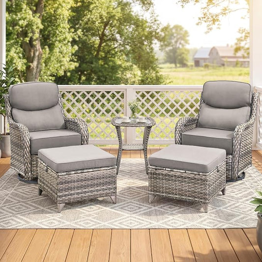 Luxury Swivel Rocker Chairs Set with 6" Thick Cushion 5 piece Wicker Outdoor Swivel Rocker Patio Chair with Ottoman High Back Comfortable Outdoor Patio Furniture Set - Gery | Gery