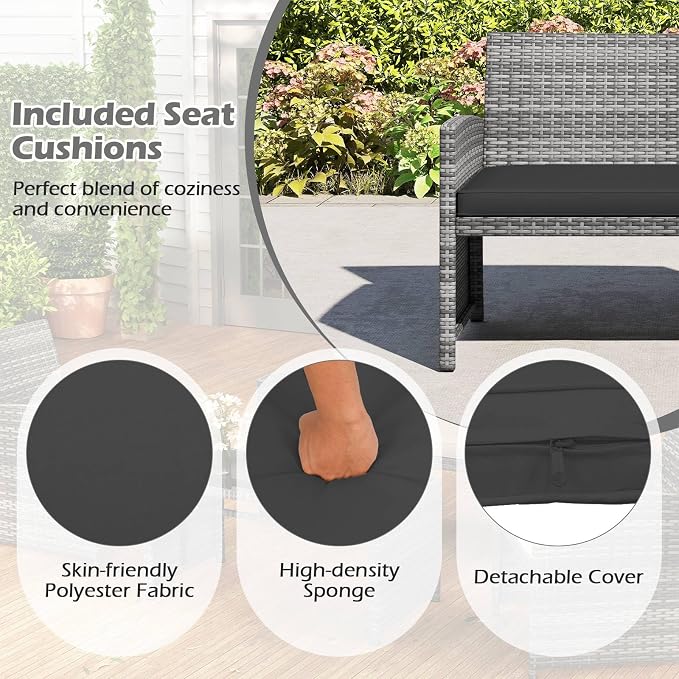 RELAX4LIFE 4-Piece Patio Furniture Set - Wicker Rattan Outdoor Sectional Sofa Set w/Glass Coffee Table, Loveseat, 2 Single Chairs & Soft Cushions, Bistro Conversation for Garden Porch (1, Black)