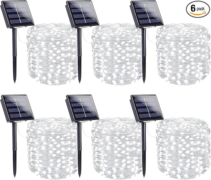 Solar Fairy Lights, 6 Pack Total 600LED 216FT Waterproof String Lights | Cool White, Silver Wire, 8 Lighting Modes Solar Twinkle Lights for Tree Garden Patio Party Outdoor Christmas Decorations