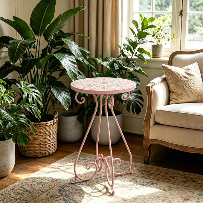 Outdoor Side Table & Mosaic Ceramic Plant Stand, 14" Metal Round End Table for Garden Home Patio Yard Porch Patio Decor Weather Resistant Outside Accent End Furniture (Flower#2)