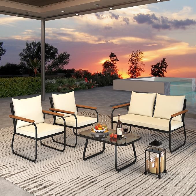 Tangkula 4 Pieces Wicker Patio Furniture Set, Outdoor Conversation Set with Tempered Glass Coffee Table, Rattan Cushioned Chairs with Acacia Wood Armrests for Garden, Yard and Poolside (Off White,2)