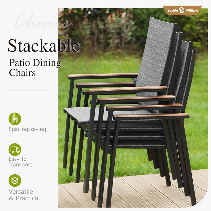 Sophia & William Patio Table and Chairs Set 7 Pieces, 6 Aluminium Patio Dining Chairs with 60" x 38" Metal Dining Table, Stackable and Easy to Move for Outdoor Garden Lawn (Grey)