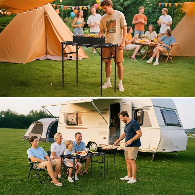 GARLLEN Folding Grill Table, 3-Height Adjustable Lightweight Grill Table with Heat-Resistant Tabletop, Portable Aluminum Camping Table for BBQ, Picnic, Cooking, 35.4" L x 15.7" W, Threaded Install