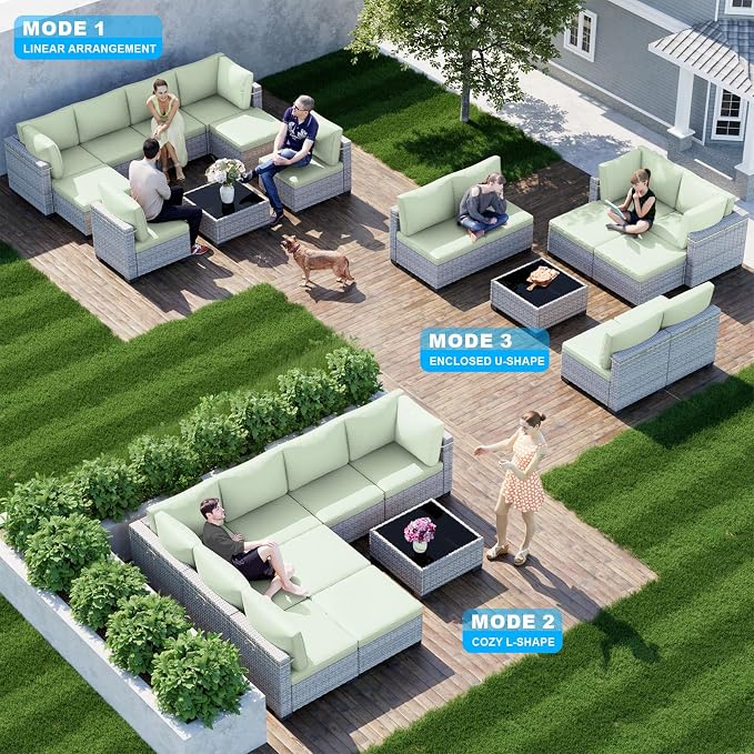 9-Piece Patio Furniture Set, Outdoor Sectional with Ottomans, Modular Patio Sofa, Dual-Strand Wicker Rattan, Rust-Resistant Frame, Backyard Furniture for Garden, Deck, Light Green