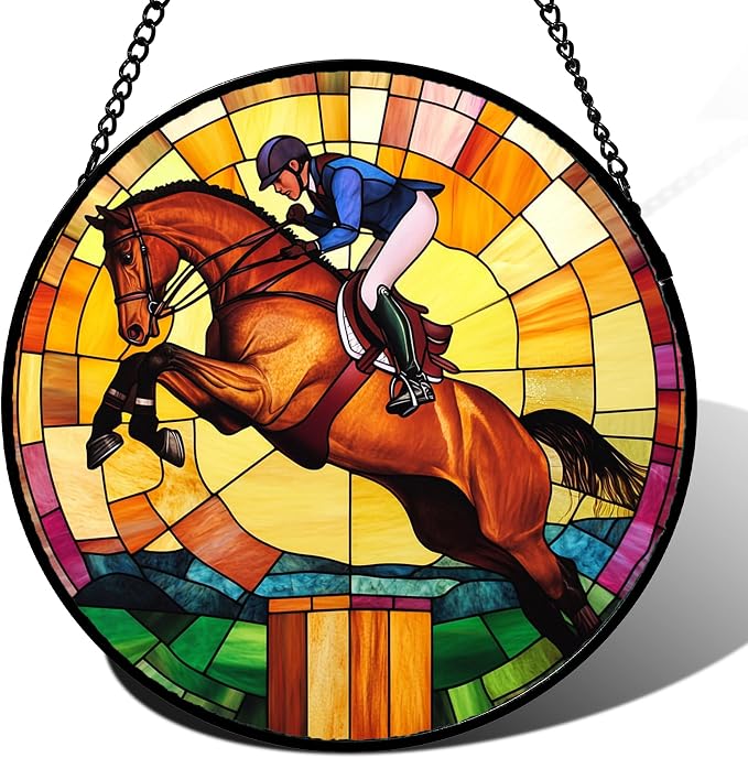 DASTOLL Stained Glass Window Hanging Equestrian Sports Large 11.8" - Horse Suncatcher Door Garden Sunroom Sun Catcher Home Decor Birthday Christmas for Mom Men Woman Nana