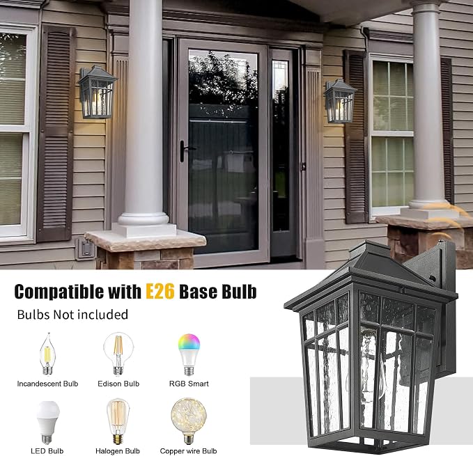 Darkaway Dusk to Dawn 14inch Outdoor Wall Lights E26 Socket | Exterior Lighting Wall Mount Porch Lights Black Outdoor Sconce Lights with Seeded Glass for House Patio Hallway Garage