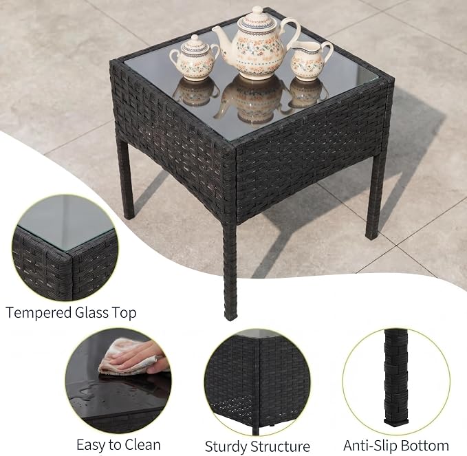 3 Piece Patio Furniture Set, Outdoor Deck Rattan Chair Wicker Combo Furniture, All Weather Dialogue Rattan Sofa With Upholstery and Glass Table for Garden, Backyard, Porch, Lawn, Pool, Black