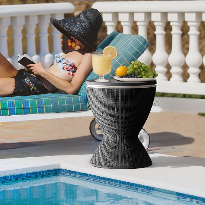 3-in-1 Outdoor Cocktail Table w/Built-in 8Gal Wine Cooler & All-Weather Ice Bucket - Adjustable Patio Bar Height Cooler Table for Poolside, Backyard, Outdoor Bar, Party & Picnic