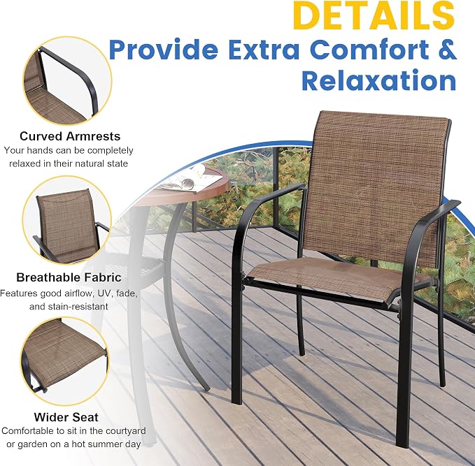 VICLLAX Large Patio Dining Furniture Set, Outdoor Dining Set for 10-60" Round Outdoor Table and Patio Stackable Chairs, Walnut Wood-Like Tabletop and Brown Fabric