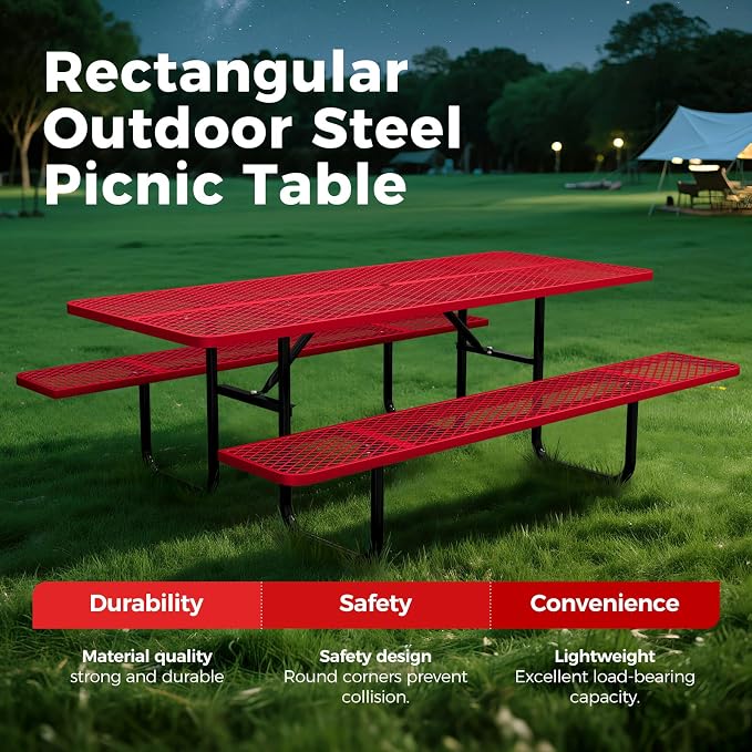 72 Inch Heavy Duty Picnic Table for Outdoors, Rectangular Camping Table with Benches and 1.78" Umbrella Hole, Commercial Grade Steel Frame, 2200 lbs Load Capacity, Red