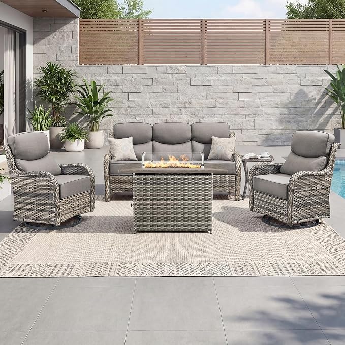 Luxury Patio Furniture Set with 6-inch Thick Cushion, Outdoor Furniture with Fire Pit Table, Swivel Chairs, Side Table, Sofa, 5pcs Wicker Conversation Set for Deck Yard(Grey Wicker/Grey Cushion)