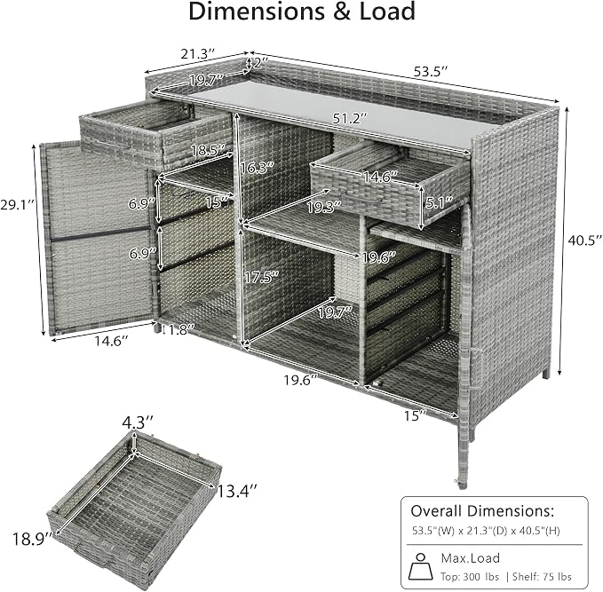 RUNNA 53.5" W Outdoor Wicker Storage Cabinet with Fridge Space,Weatherproof Outdoor Mini Fridge Bar Cabinet with Adjustable Shelves & Drawers for Pool Towel Storage,Garden,Kitchen (Grey#64)