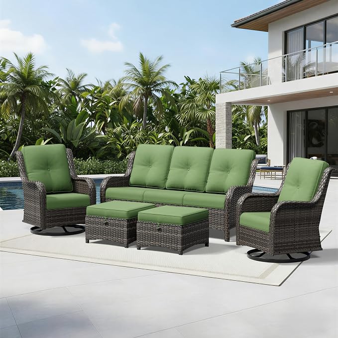 Joyside 5 Piece Wicker Patio Furniture Set, Outdoor Swivel Rocker Patio Chairs with High Back, Deep Seating, Wide Armrest, Thickened Cushions, Outdoor Furniture for Deck, Porch Use