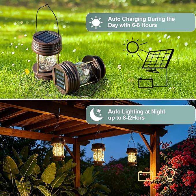 Solar Lanterns Outdoor Patio Decor, 20 LED Hanging Solar Fairy Lights Waterproof, 2 Pack Retro Decorative Table Lamps with Warm Glow for Porch, Yard, Garden, Pathway & Backyard Decoration