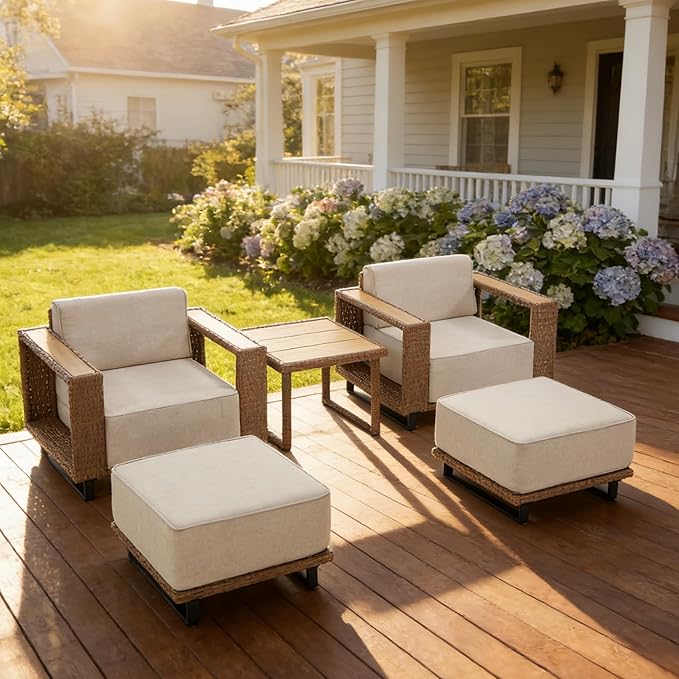 MOCHITO 5 Pieces Outdoor Patio Furniture Sets, All-Weather Sectional Sofa PE Rattan Wicker Conversation Set, Outdoor Patio sectional for Poolside, Porch, Lawn, Garden, Balcony(Beige)