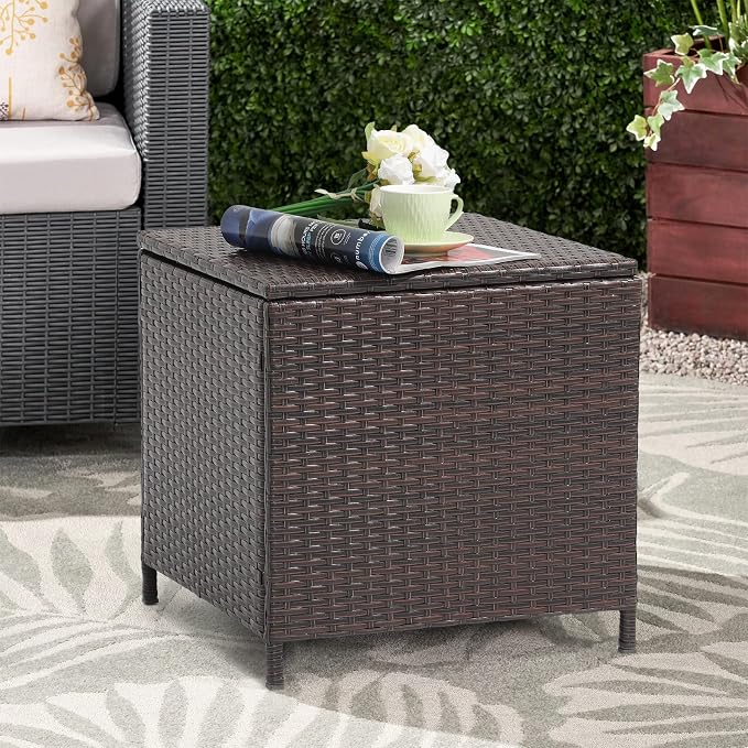Verano Garden Outdoor Wicker Side Table, Small Storage Rattan Wicker End Table, Square Resin Coffee Table for Garden Porch Deck Living Room Backyard (Brown)