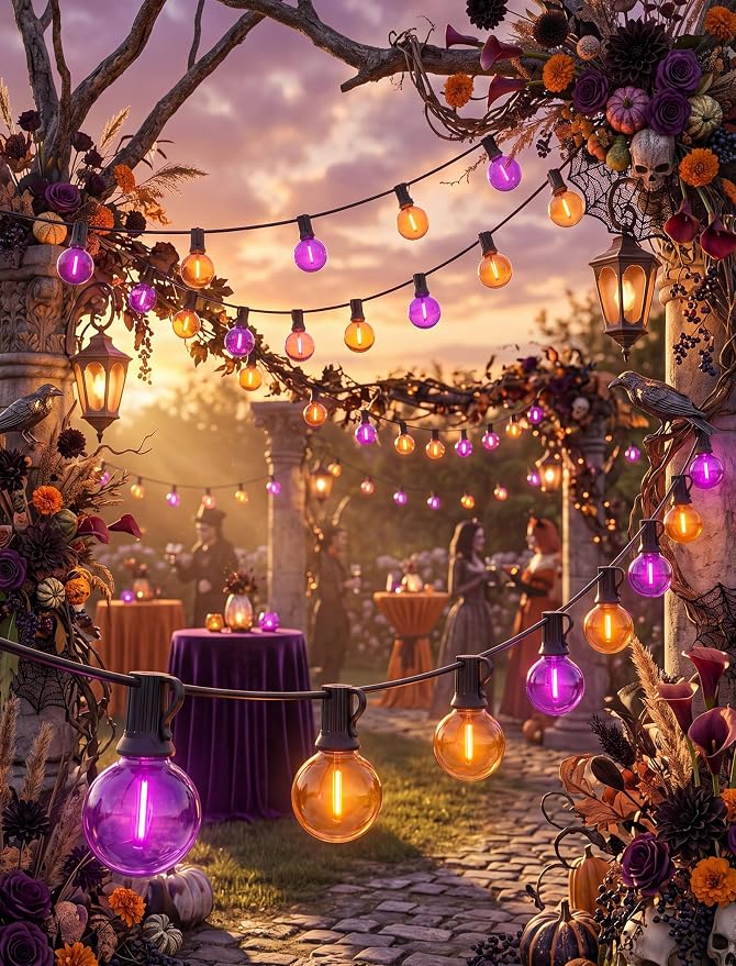 25FT G40 LED Outdoor Halloween String Lights, Orange and Purple Halloween Decorations Lights with 27 Shatterproof Globe Bulbs(2 Spare), Hanging Patio Lights for Holiday Balcony Backyard Party Garden