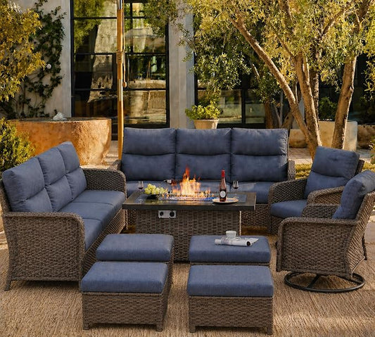 XIAO WEI 9-Piece Outdoor Furniture Set with Fire Pit Table, Wicker Patio Conversation Set with Cushions & Swivel Glide Chairs, All-Weather Patio Furniture Set for Backyard, Garden, Deck (Blue)