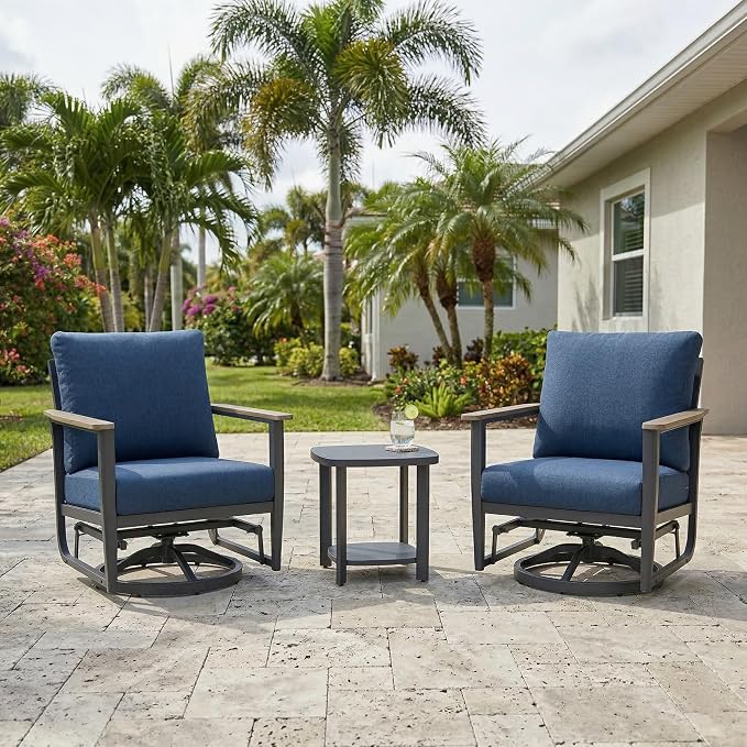 Aluminum Patio Swivel Rocking Chair Outdoor Bistro Set, 3PCS Patio Conversation Set Outdoor Patio Furniture Set with High Backrest & Thickened Cushions for Garden, Deck and Balcony, Navy Blue