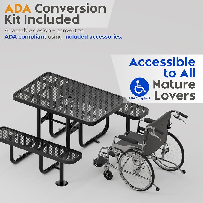 Commercial Heavy-Duty Metal Picnic Table - ADA Compliant, Adjustable Seats, Umbrella Hole (Black, 4' Rectangular, Punched Steel)