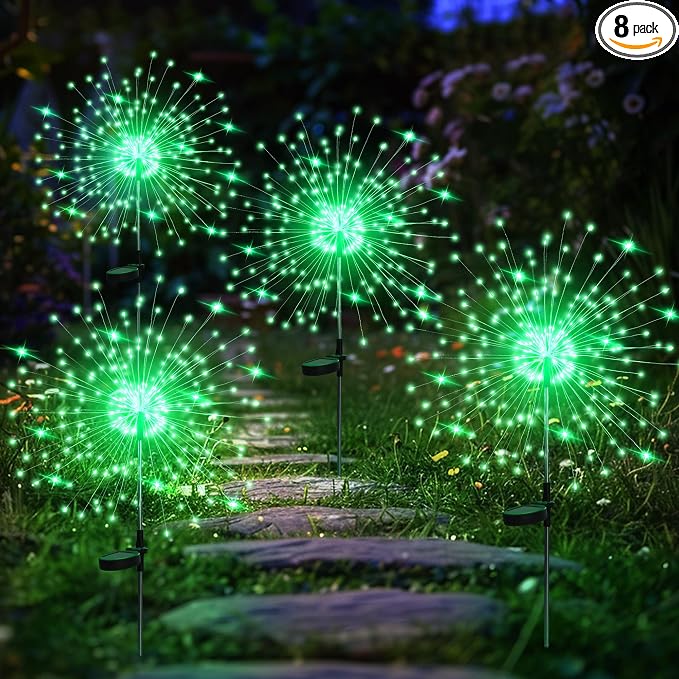 GIGALUMI 4 Pack Solar Firework Lights Outdoor, Halloween Decor, Green | 120 LEDs, Fairy Design, Waterproof, Garden Decor, Solar Powered for Yard, Pathway, Flowerbed, Planter, Balcony, Gifts for Mom