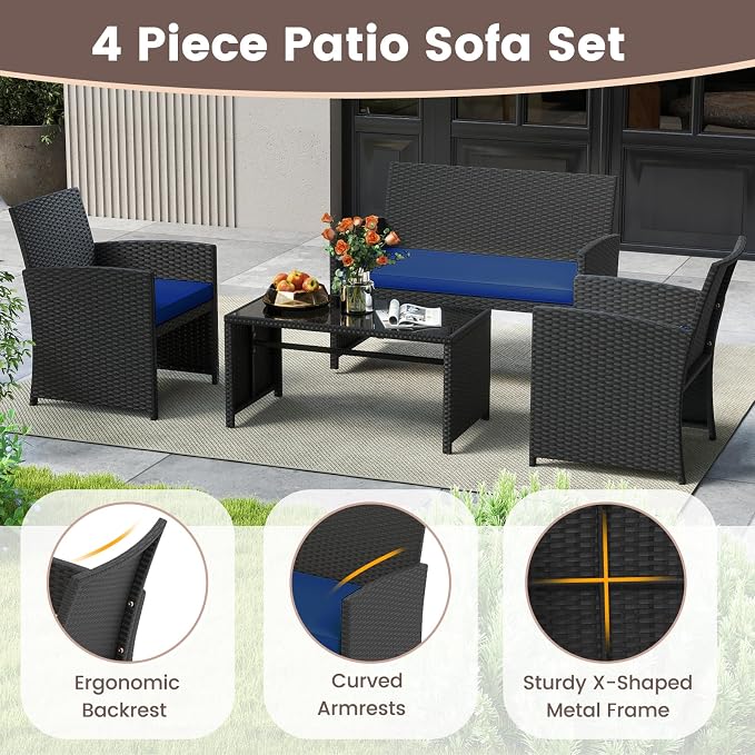 HAPPYGRILL 4 Piece Rattan Wicker Patio Conversation Set, Outdoor Furniture with Chair Loveseat Table & Cushion, for Backyard Porch Balcony (2, Black & Navy)