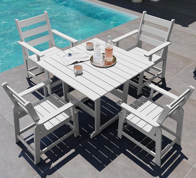 GREENVINES 5-Piece-Outdoor-Dining-Set | HDPE | Square | Patio Furniture | All Weather | Removable Armrests | Slatted Table and Chairs Sets for 4 | for Backyard Poolside Garden | White
