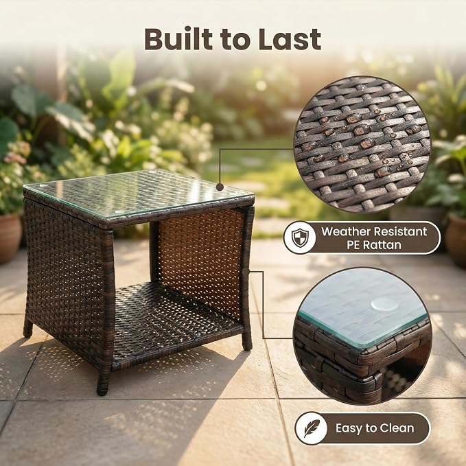 Outdoor Patio Wicker Table,Rattan Side Table,Modern Patio End Side Table with Glass Countertop and Storage Space,for Porch Garden Balcony