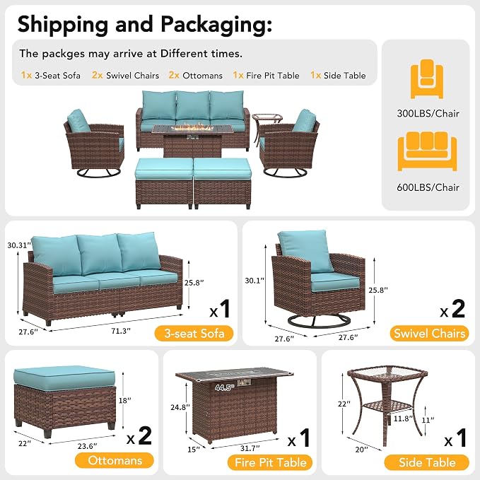 7 Pcs Outdoor Furniture with 44" Fire Pit Table, Rattan Patio Conversation Sets with Swivel Chair, Gas Fire Pit, Ottomans, Side Table, 4" Thick Cushion, for Backyard Garden Deck,Light Blue