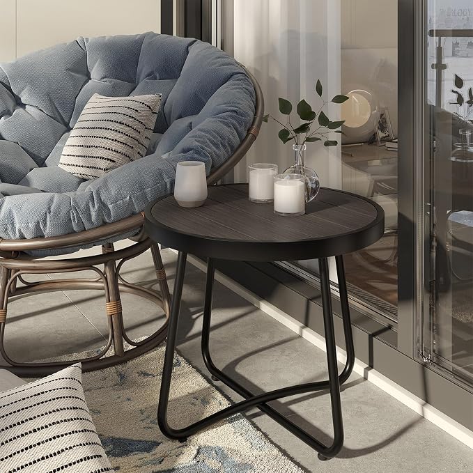 Grand patio 20-in Outdoor Small Side Table, Round Side Table with Imitation Wood Top, Modern Accent End Table for Patio Living Room, Dark Grey