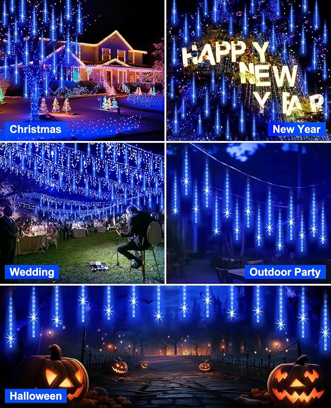 Blue Christmas Rain Lights Outdoor, 20" 20 Tubes 1080 LEDs | UL Listed Meteor Shower Lights Waterproof Cascading Falling Icicle String Lights for Xmas Tree Yard Halloween Wedding Party