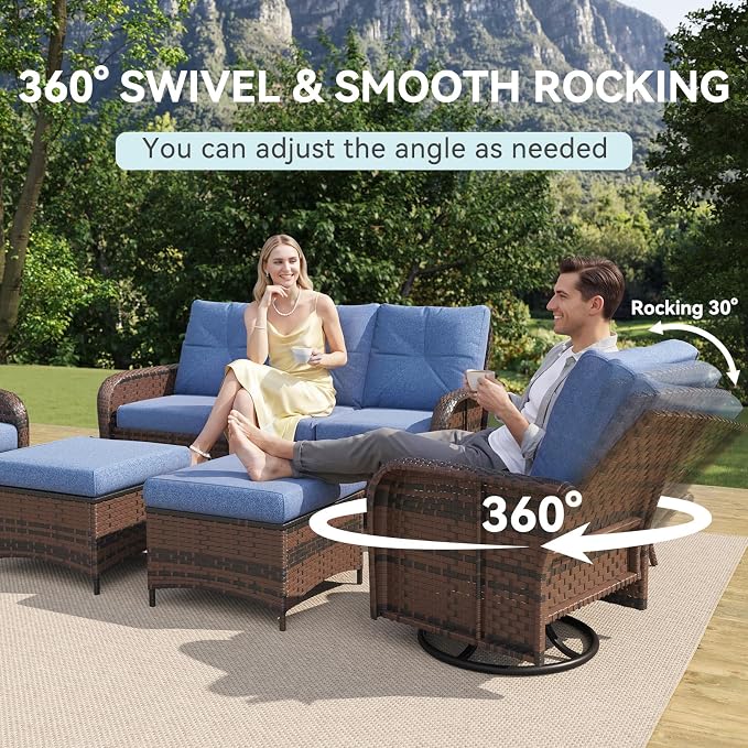 LazySunsets 9 Piece Outdoor Patio Furniture Set with 44'' Fire Pit Table, Wicker Rattan Outdoor Furniture with High Back Swivel Rocker Chairs, Outdoor Sofa Set with Thick Cushions & Ottoman, Navy Blue